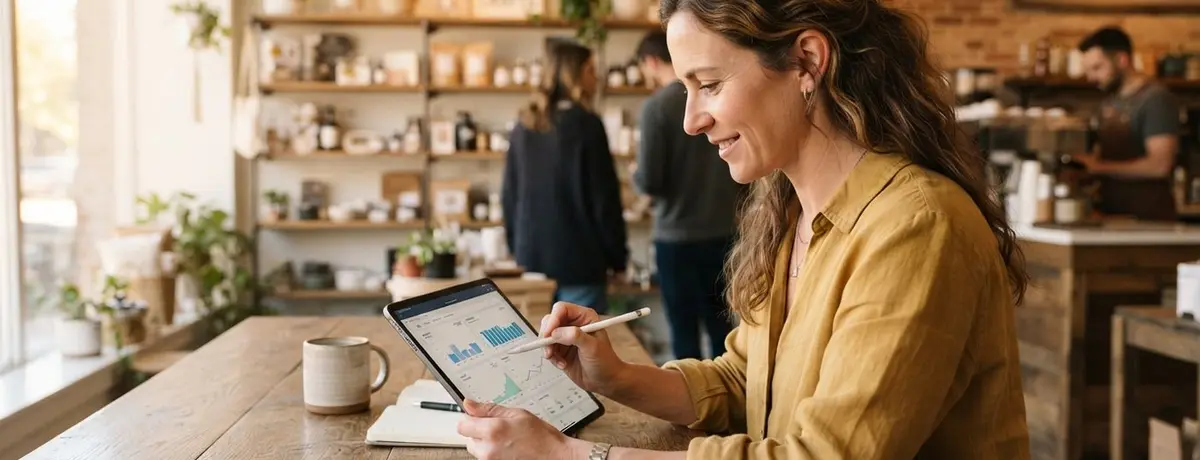 Bir esnafın tablet üzerinden dijital reklam kampanyalarını yönettiği modern dükkan içi çalışma ortamı