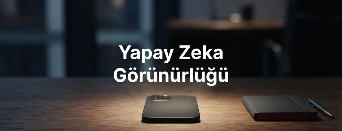 Modern bir ofis masasında duran akıllı telefon ve yapay zeka SEO görünürlüğü temalı profesyonel görsel.