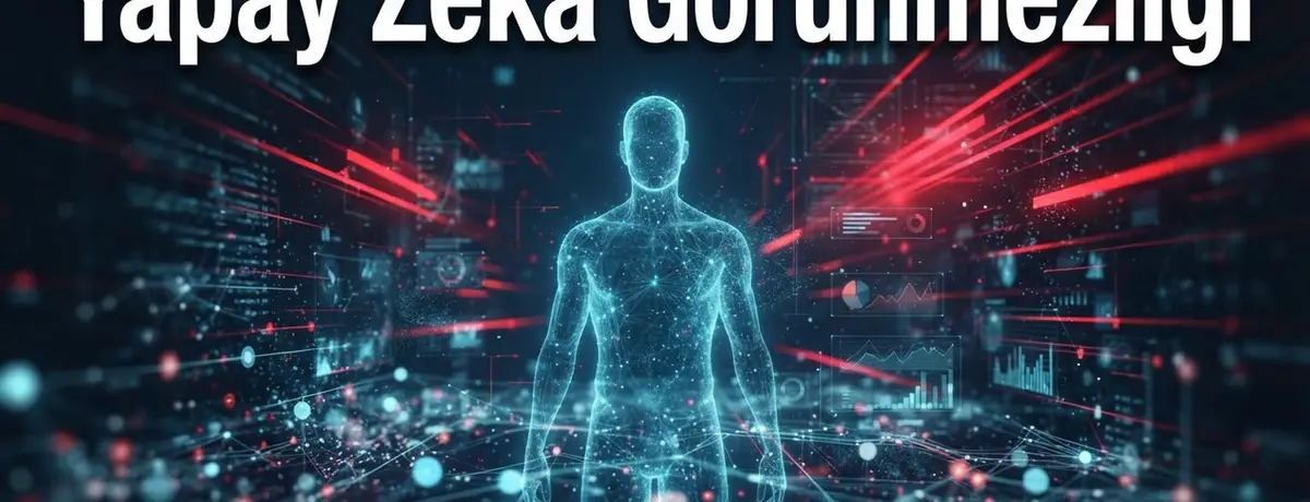 Yapay zeka arama sonuçlarında görünmezlik ve GEO stratejisini temsil eden, lacivert ve kırmızı tonlarında dijital veri görseli.