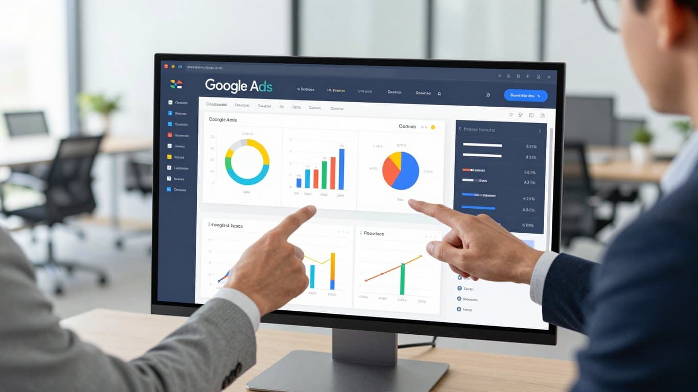 Ağır sanayi ve enerji sektörü için Google Ads stratejileri sunan dijital ekran.