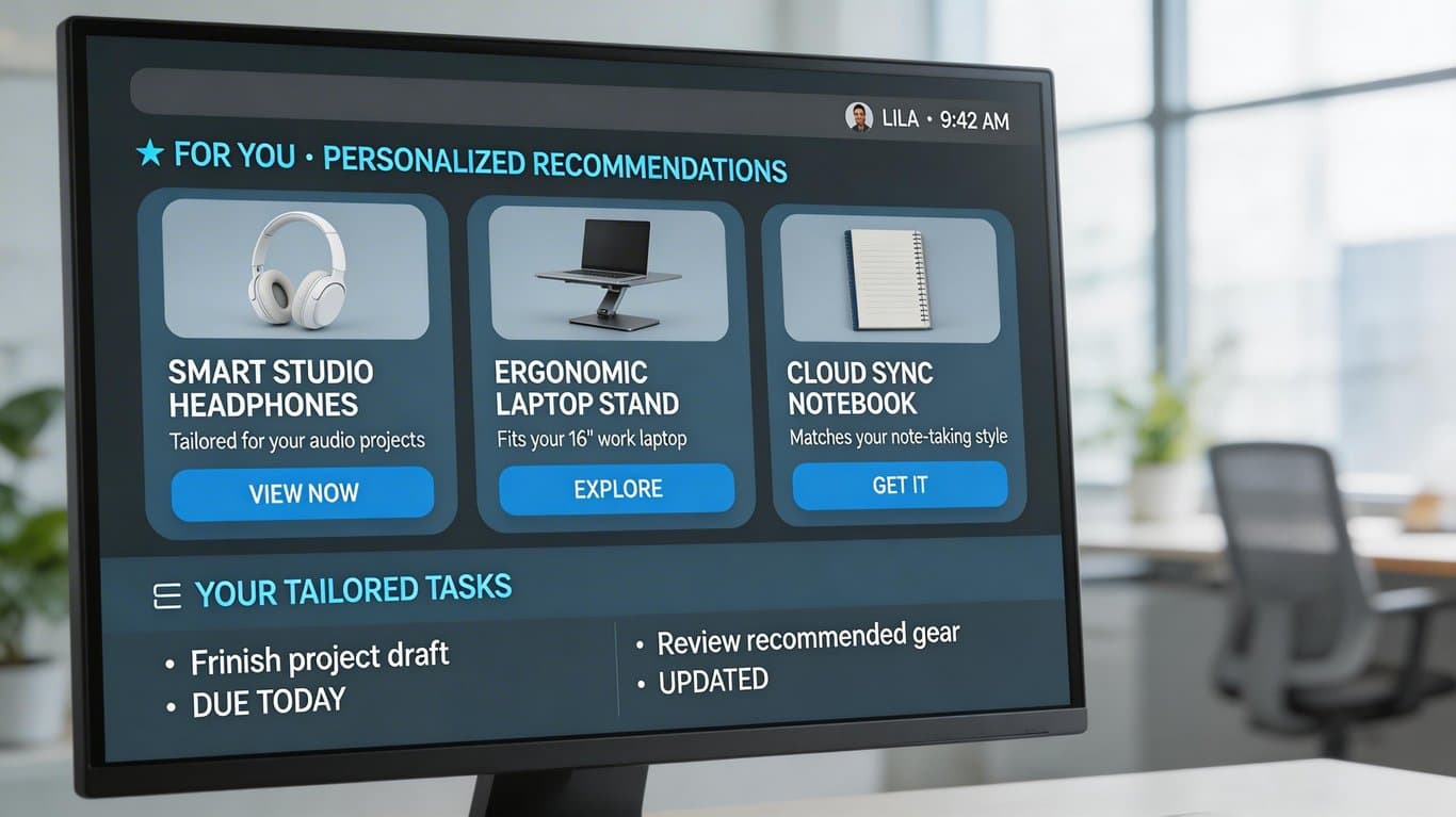 Yapay zeka destekli dinamik içerik (hiper kişiselleştirme) ile kişiselleştirilmiş web sitesi arayüzü.