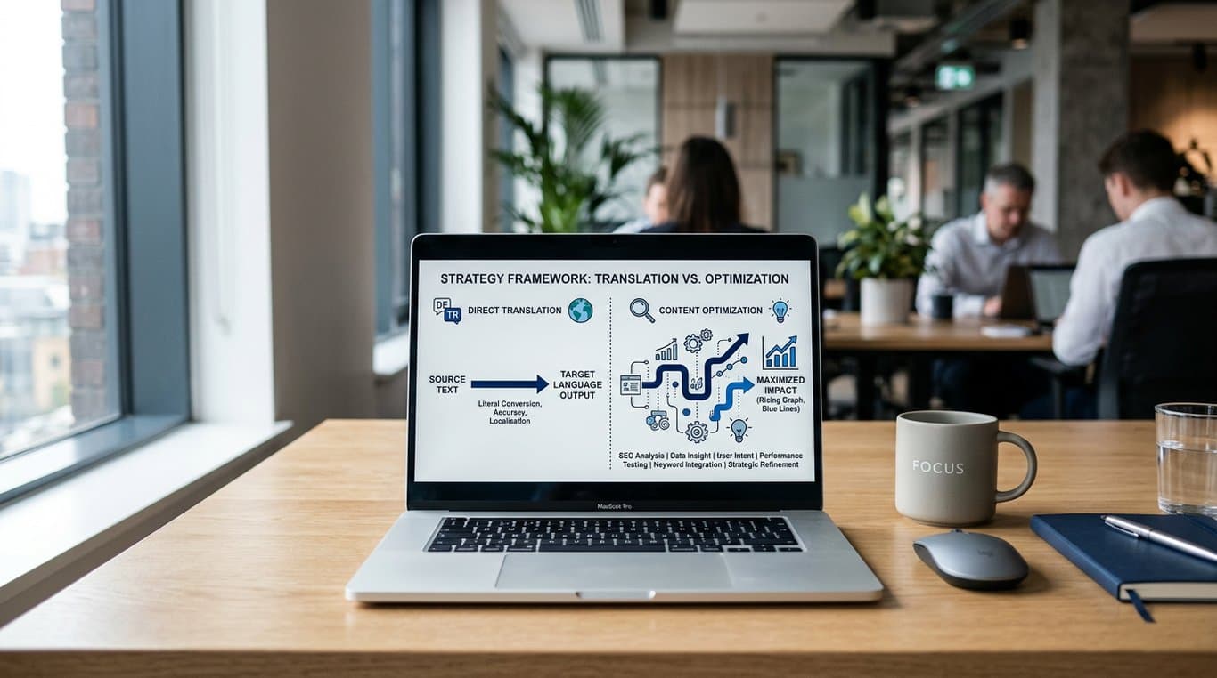 Almanca SEO: Çeviri mi, Optimizasyon mu? Almanca SEO'da çeviri ve optimizasyon arasındaki farkı gösteren görseller.
