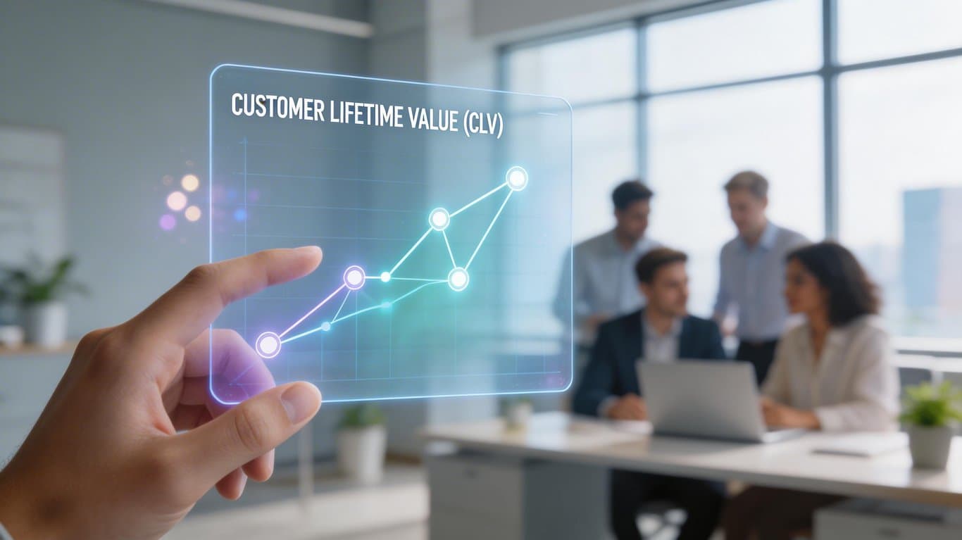 E-ticarette CLV hesaplaması ve müşteri değeri temsil eden soyut veri görseli.