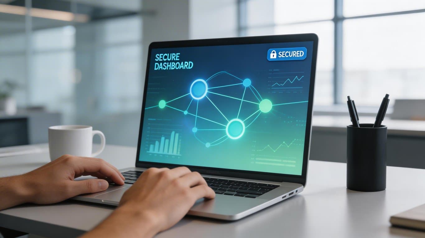 Finansal verilerin güvenliğini simgeleyen dijital arayüz ve güvenli web tasarımı.