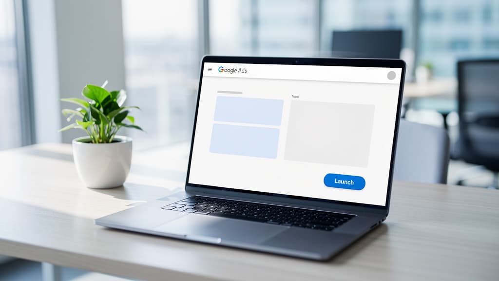 Google Ads ile İlk Reklamınızı 5 Dakikada Yayına Alın Google Ads'in 5 dakikada ilk reklamı yayına alma sürecini gösteren modern bir ofis sahnesi.