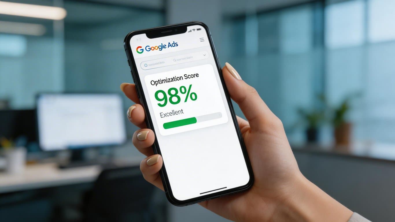 Google Ads optimizasyon puanı yüksekliği ve kar optimizasyonu üzerine bir görsel.