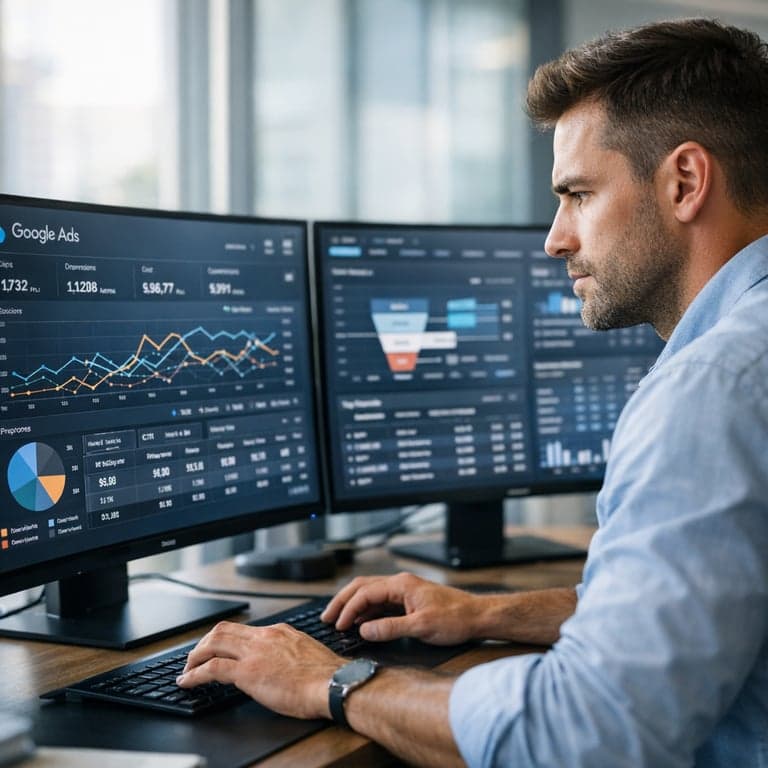 Dijital pazarlama uzmanı, Google Ads verilerini ve başarı stratejilerini inceliyor.