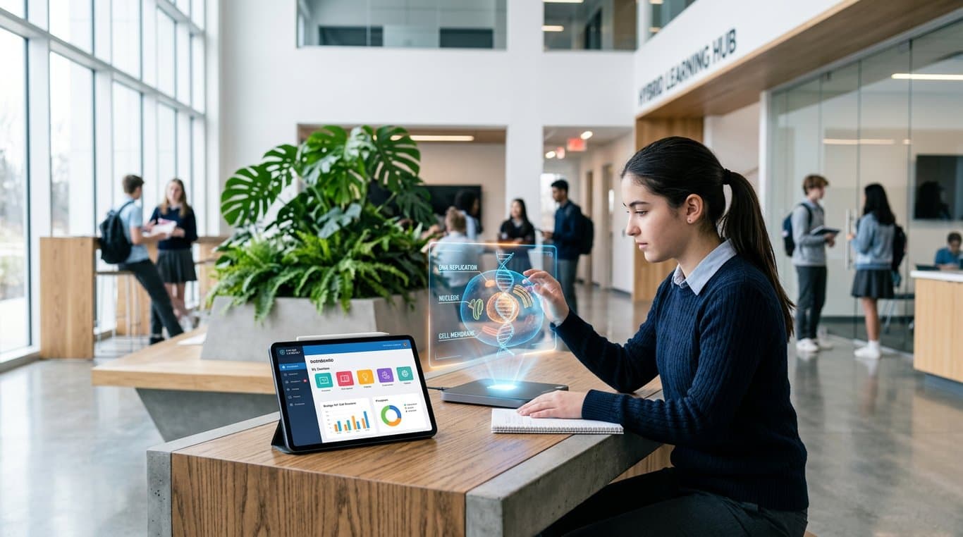 Hibrit eğitim modelini yansıtan dijital ve fiziksel öğrenme alanlarının birleşimi.