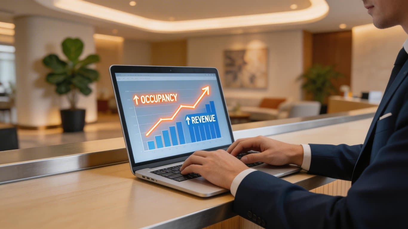 Otel SEO: Dijital Büyüme ve Doğrudan Rezervasyonlar İçin Stratejiler Otel SEO çalışması için dijital strateji ve büyüme kavramlarını yansıtan profesyonel bir otel lobisi görüntüsü.