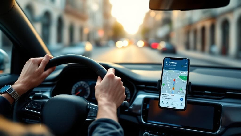 Yandex Navigasyon Reklamları: Sürücüleri Hedefleme Rehberi Yandex Navigasyon arayüzünü gösteren akıllı telefon, direksiyon başındaki sürücü.